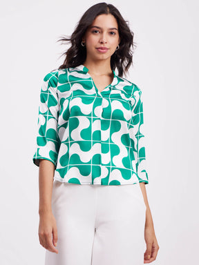 Satin Geometric Print Top - Green And White