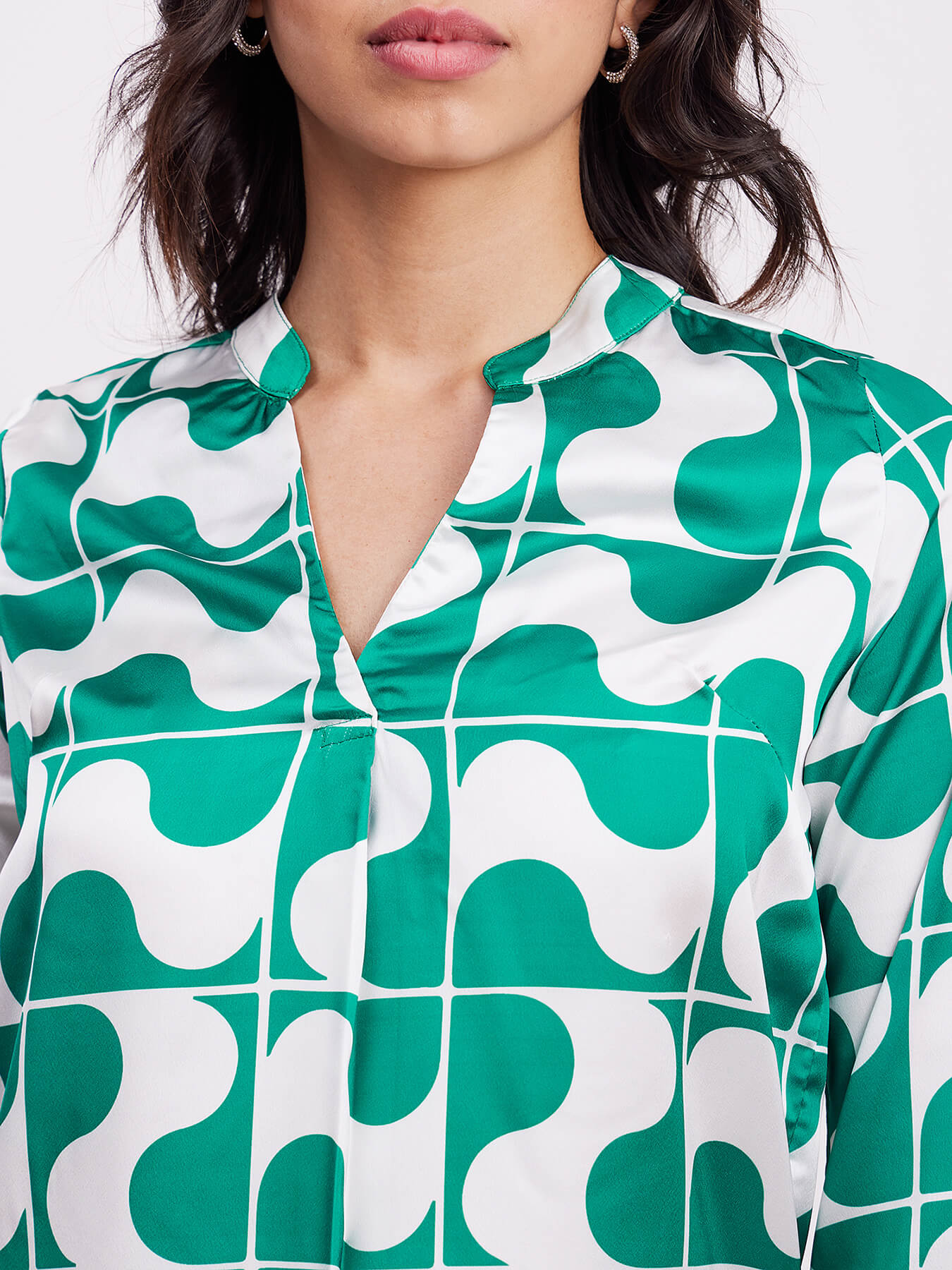 Satin Geometric Print Top - Green And White