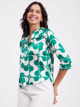 Satin Geometric Print Top - Green And White