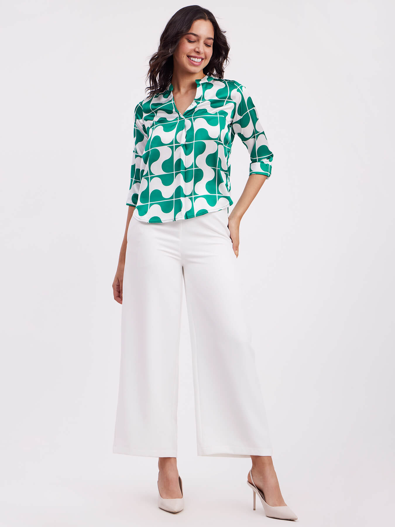 Satin Geometric Print Top - Green And White