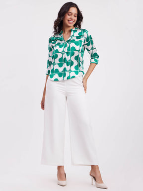 Satin Geometric Print Top - Green And White