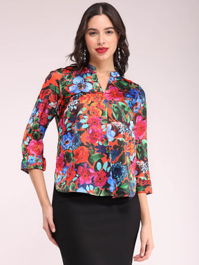 Satin Floral Print Top - Multicolour