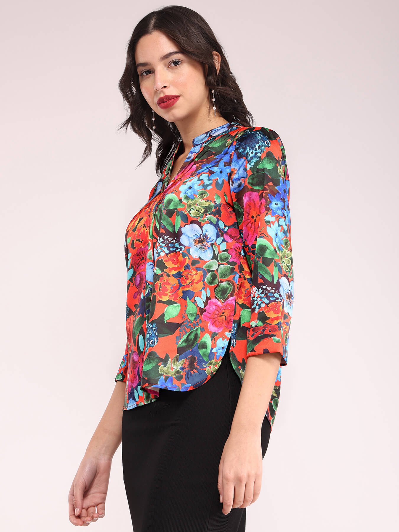 Satin Floral Print Top - Multicolour