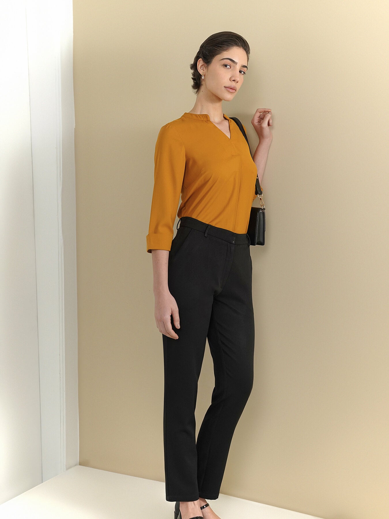 Mandarin V-Neck Top - Mustard