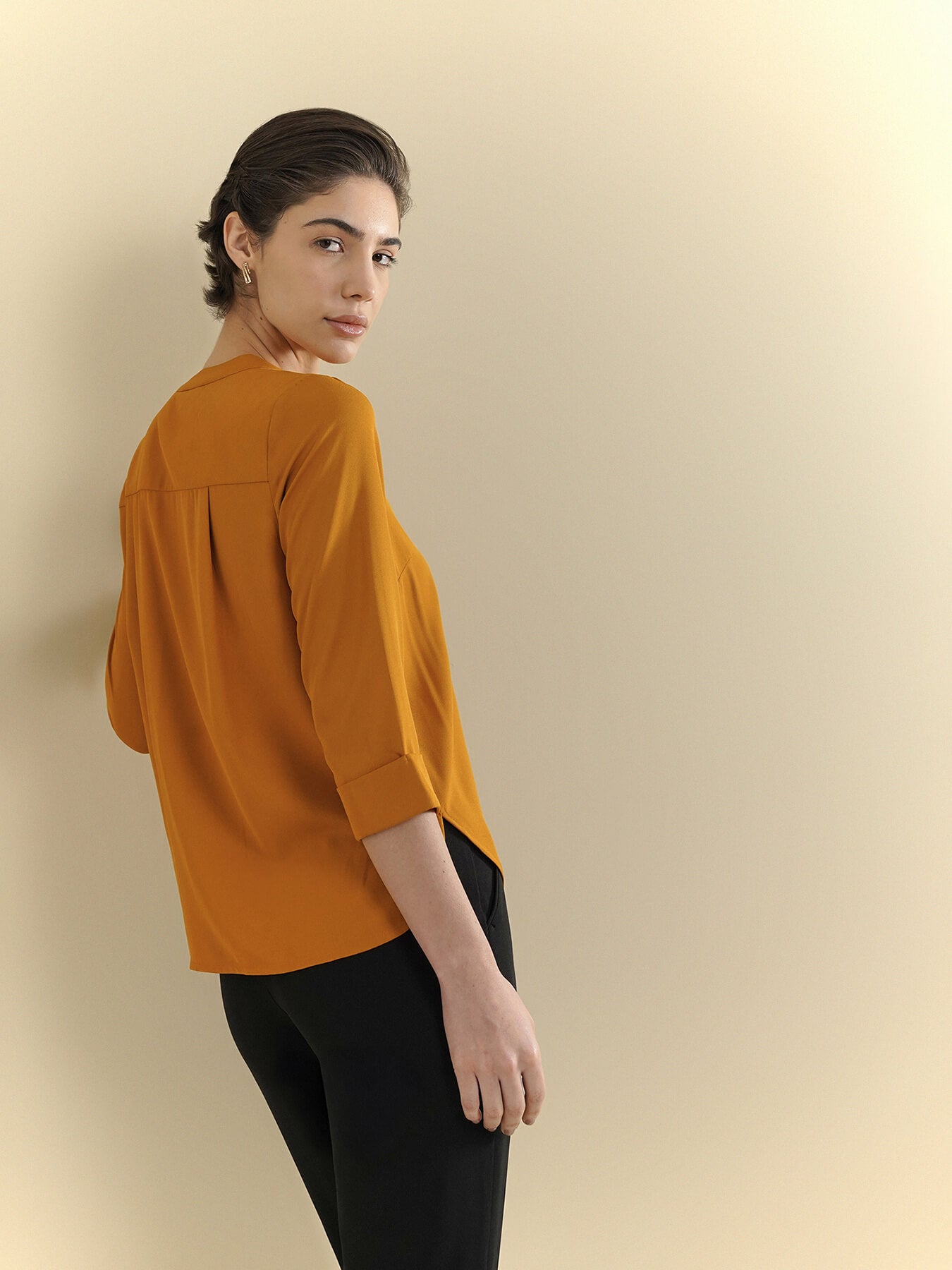 Mandarin V-Neck Top - Mustard