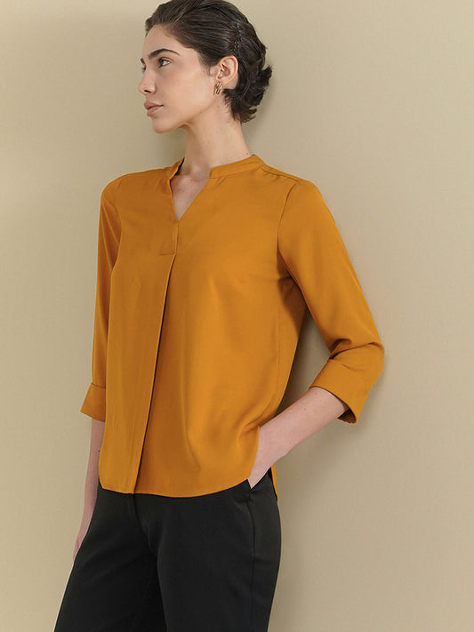 Mandarin V-Neck Top - Mustard