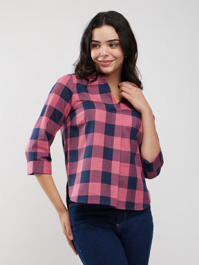 Cotton Checkered Top - Pink And Navy