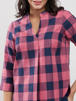 Cotton Checkered Top - Pink And Navy