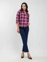 Cotton Checkered Top - Pink And Navy