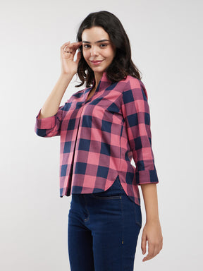 Cotton Checkered Top - Pink And Navy