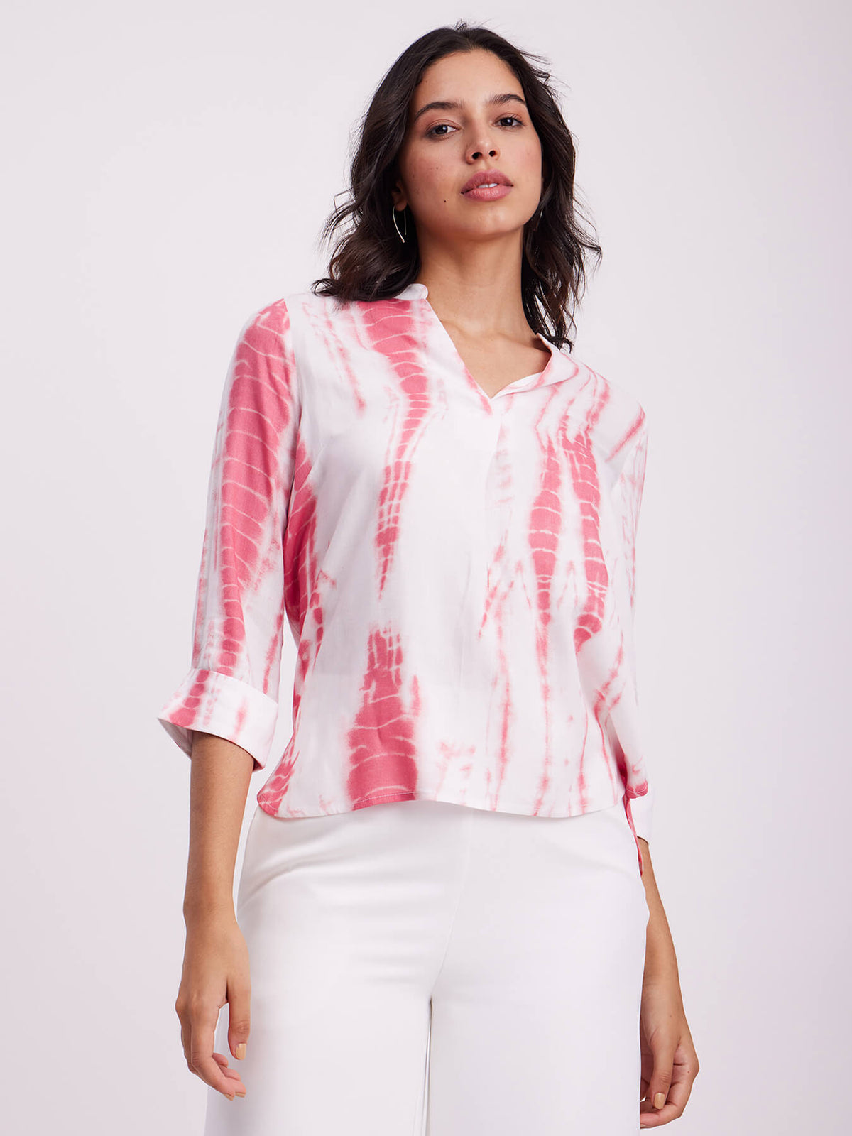 V Neck Front Pleat Top - White And Pink
