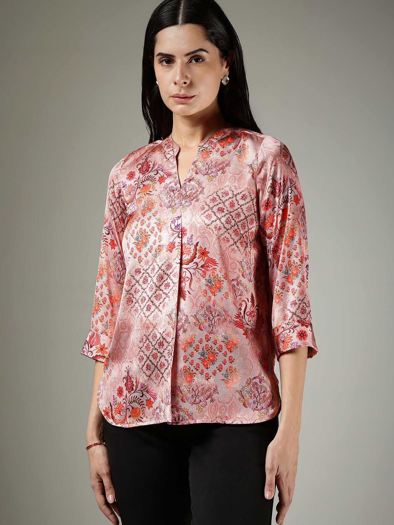 Satin Mandrin Collar Top - Peach