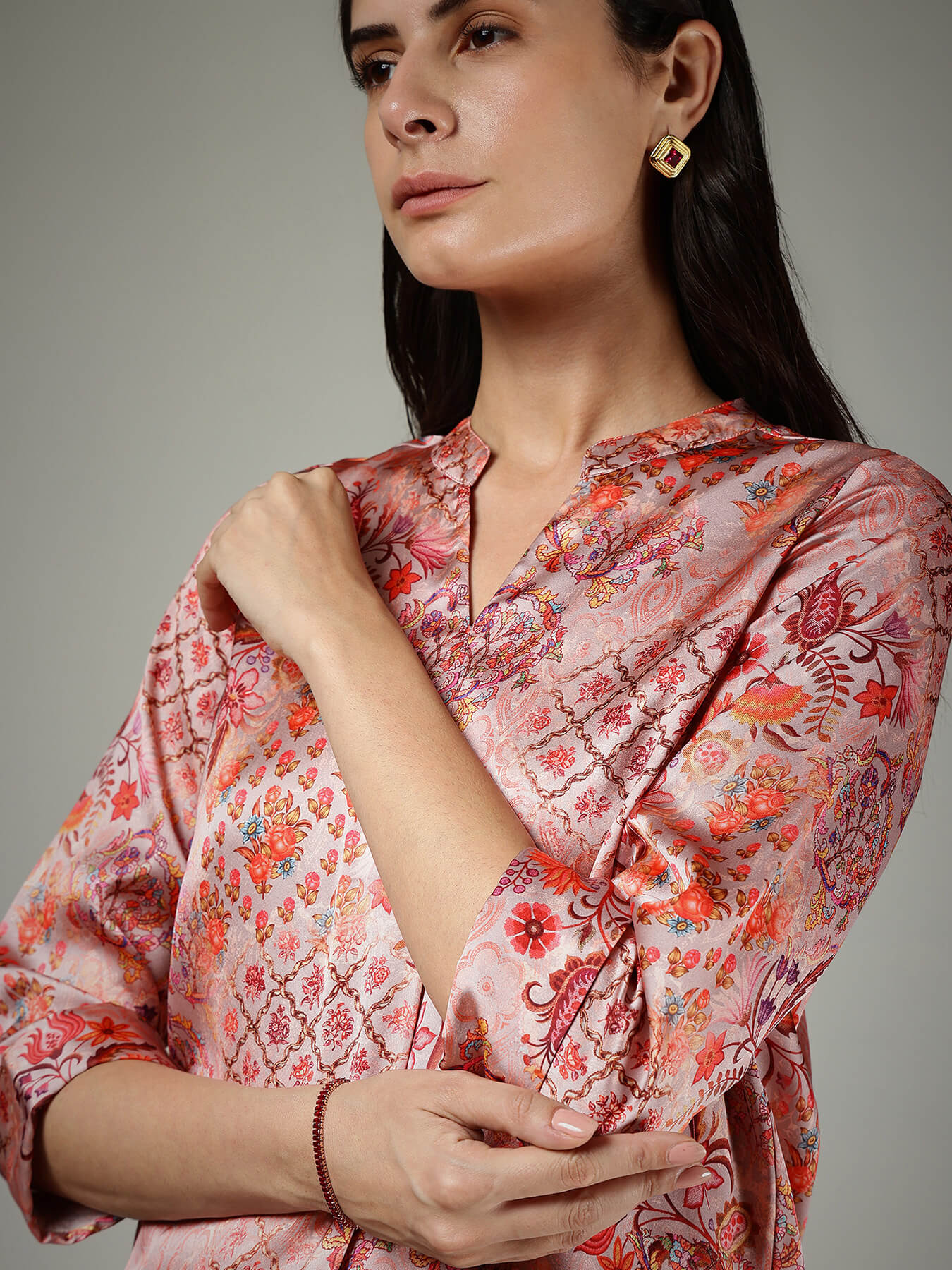 Satin Mandrin Collar Top - Peach