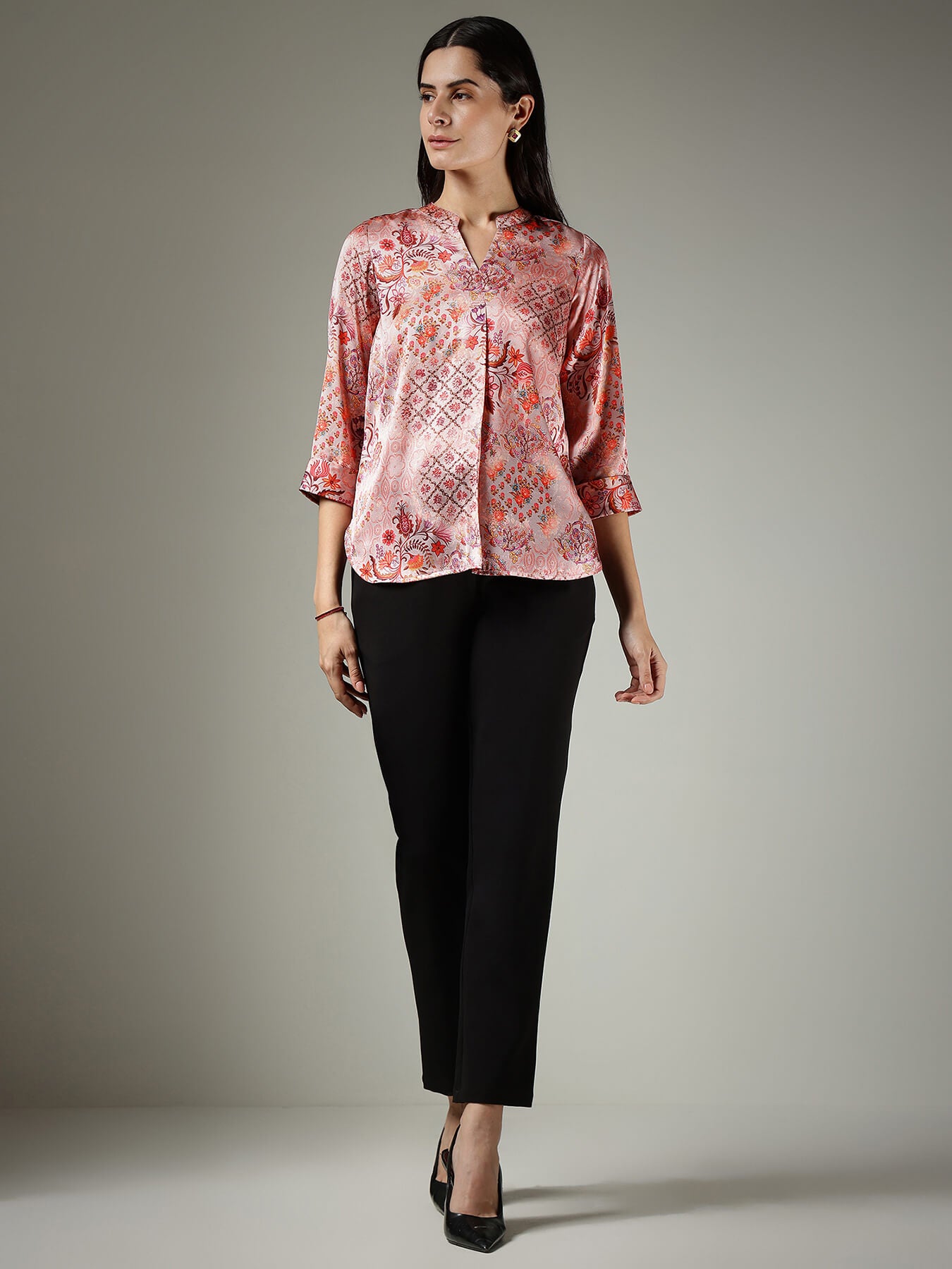 Satin Mandrin Collar Top - Peach