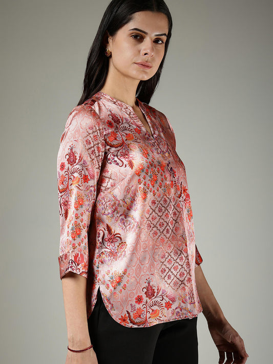 Satin Mandrin Collar Top - Peach