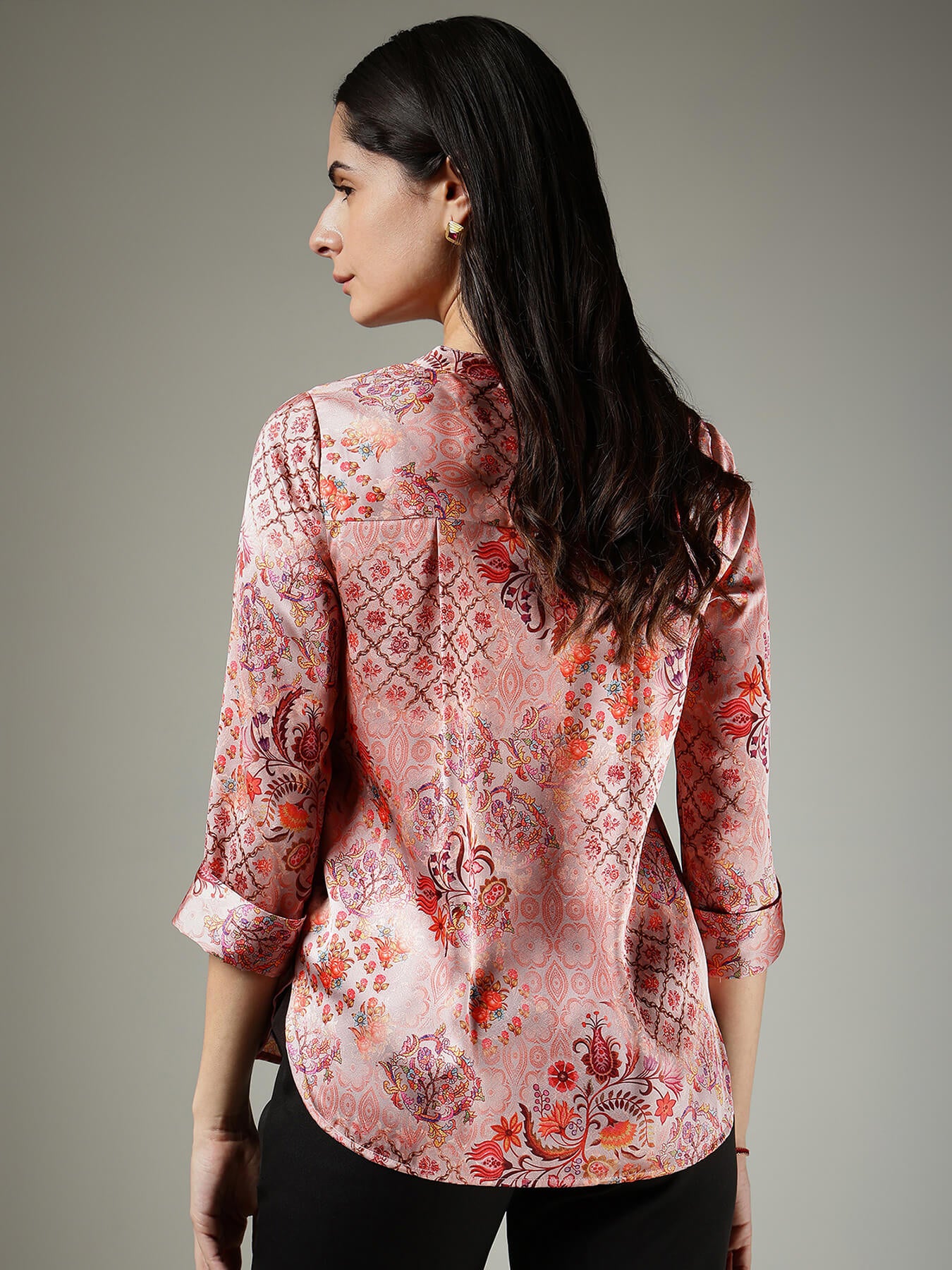 Satin Mandrin Collar Top - Peach