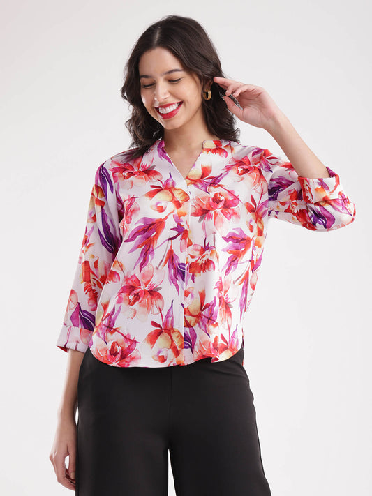 Watercolour Floral Pleated Top - Multicolour