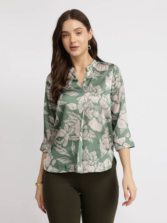 Satin Floral Top - Green