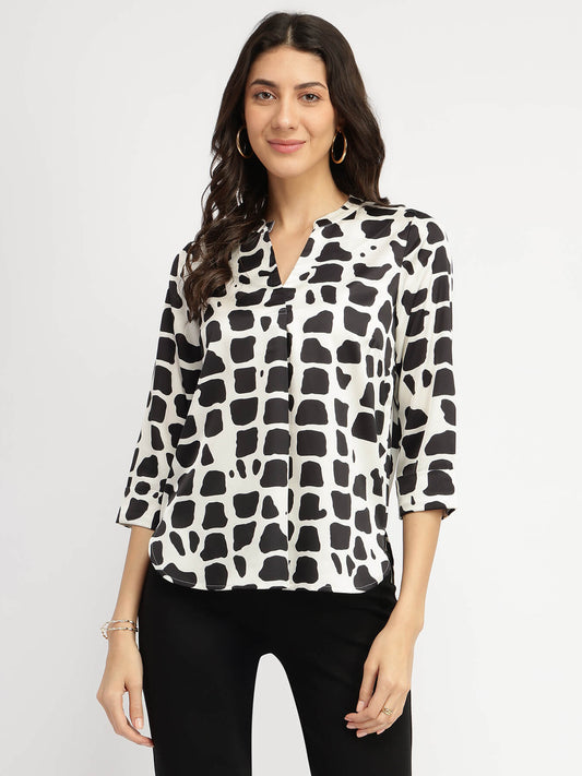 Satin Abstratct Print Top - Black and White