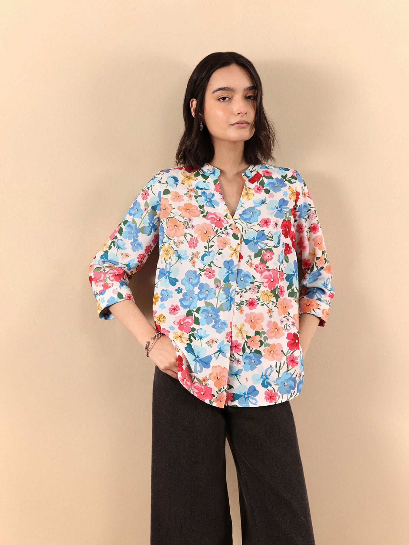 Floral Print Mandarin Neck Top - Multicolour
