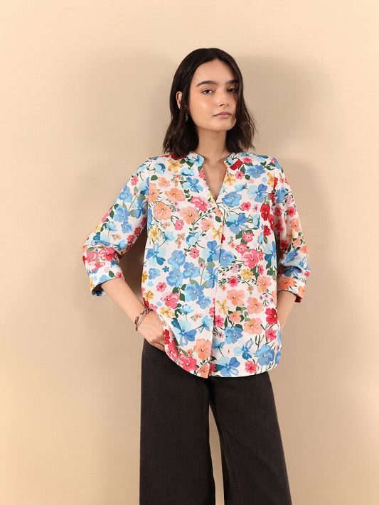 Floral Print Mandarin Neck Top - Multicolour