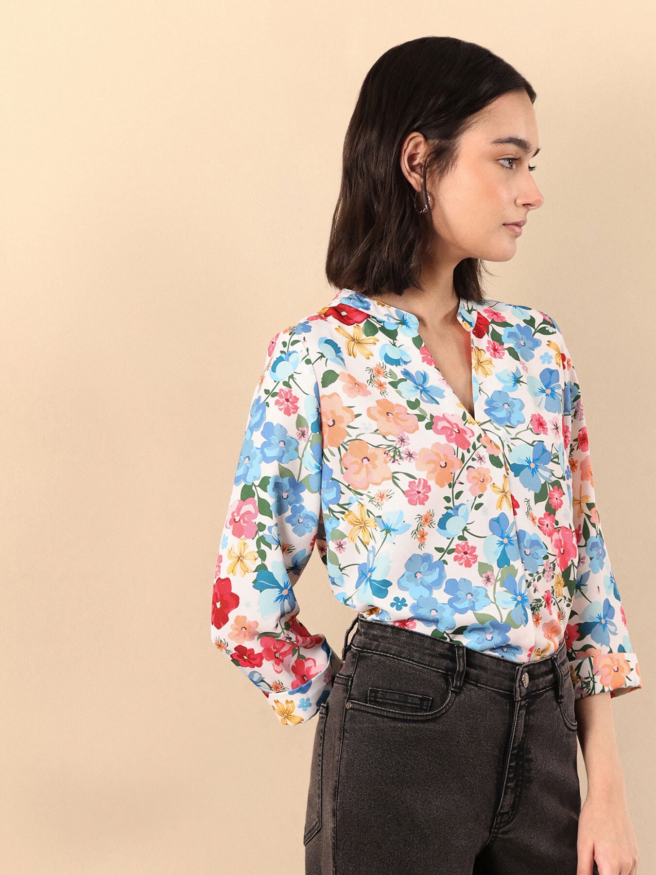 Floral Print Mandarin Neck Top - Multicolour