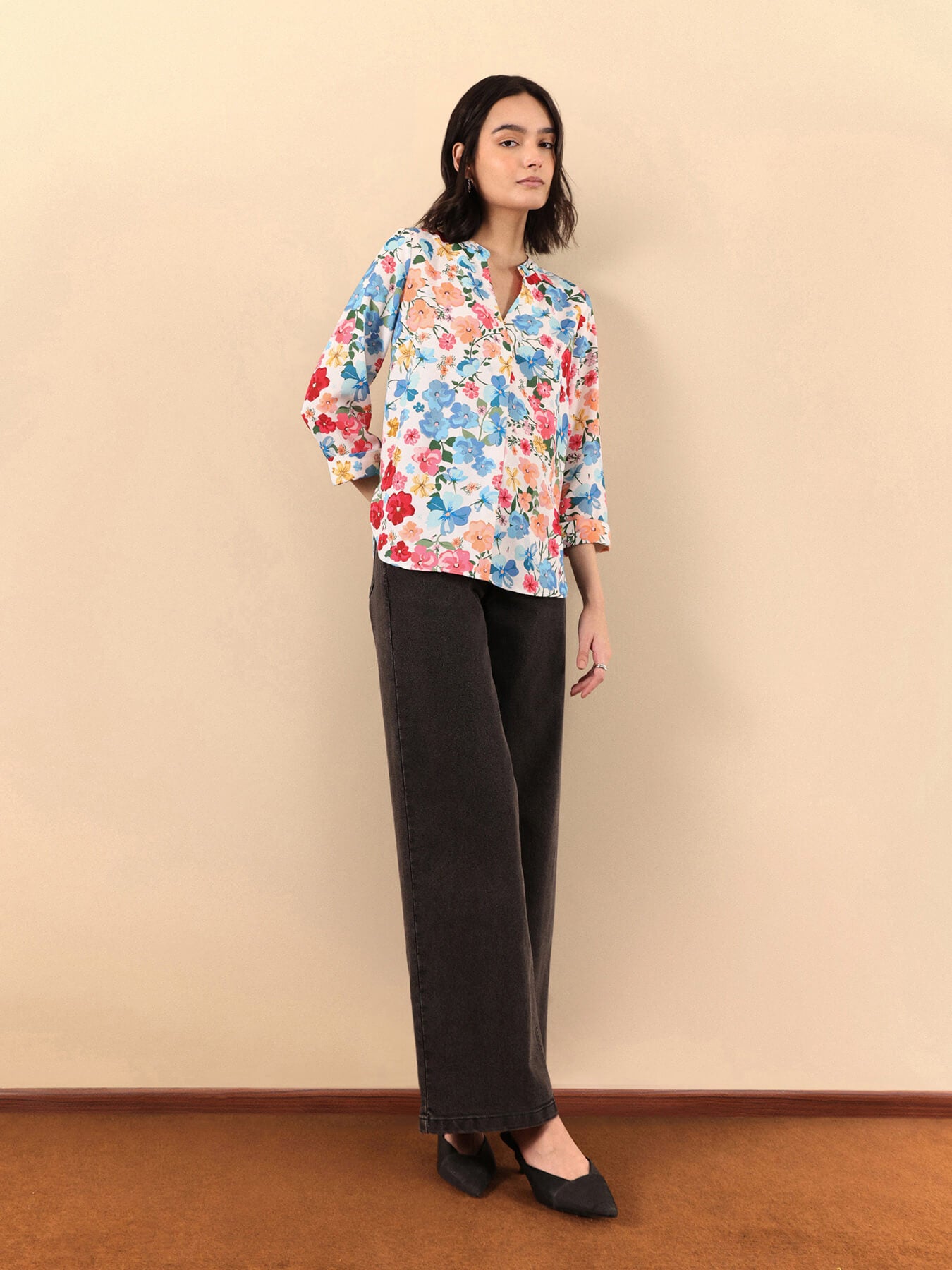 Floral Print Mandarin Neck Top - Multicolour