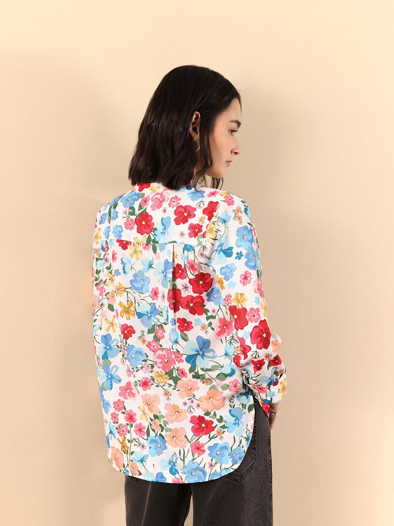Floral Print Mandarin Neck Top - Multicolour