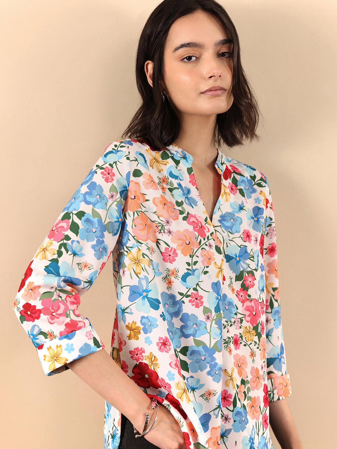Floral Print Mandarin Neck Top - Multicolour
