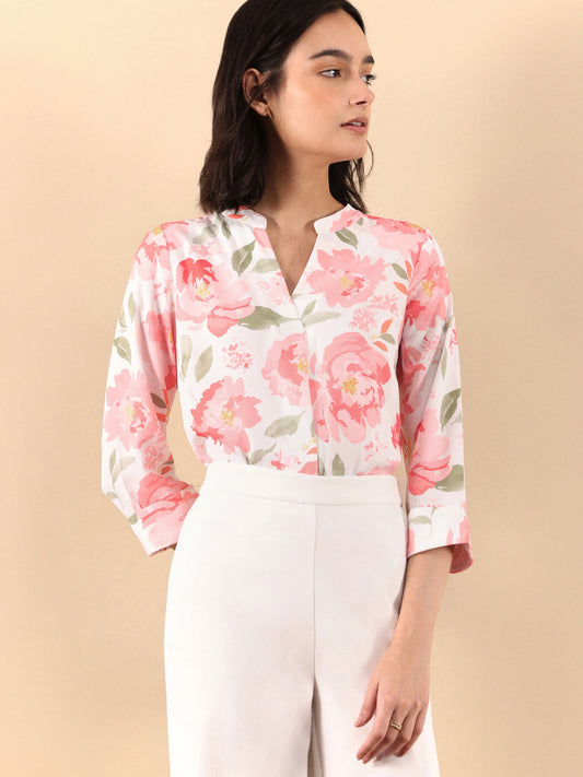 Floral Print Mandarin Neck Top - White And Pink
