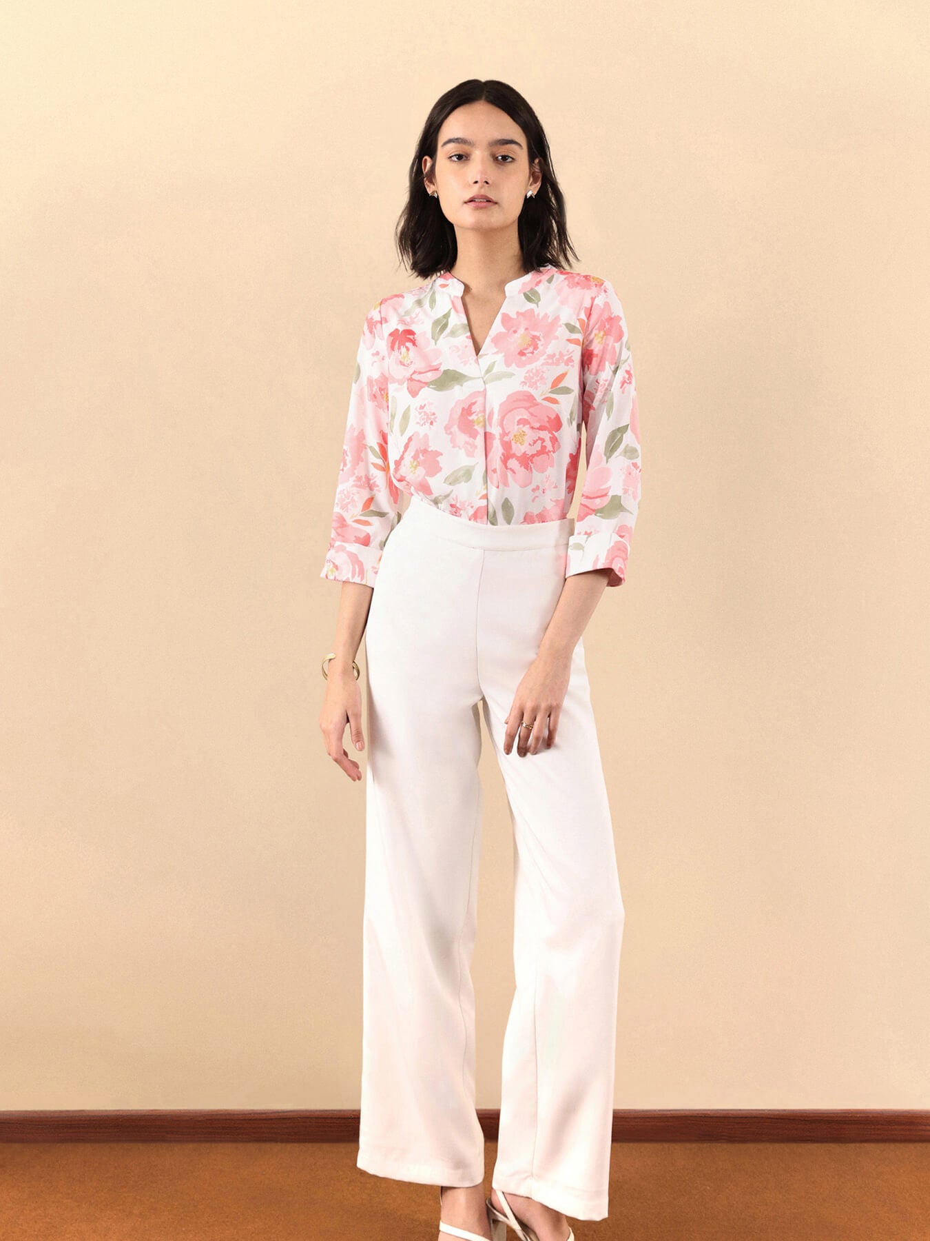 Floral Print Mandarin Neck Top - White And Pink
