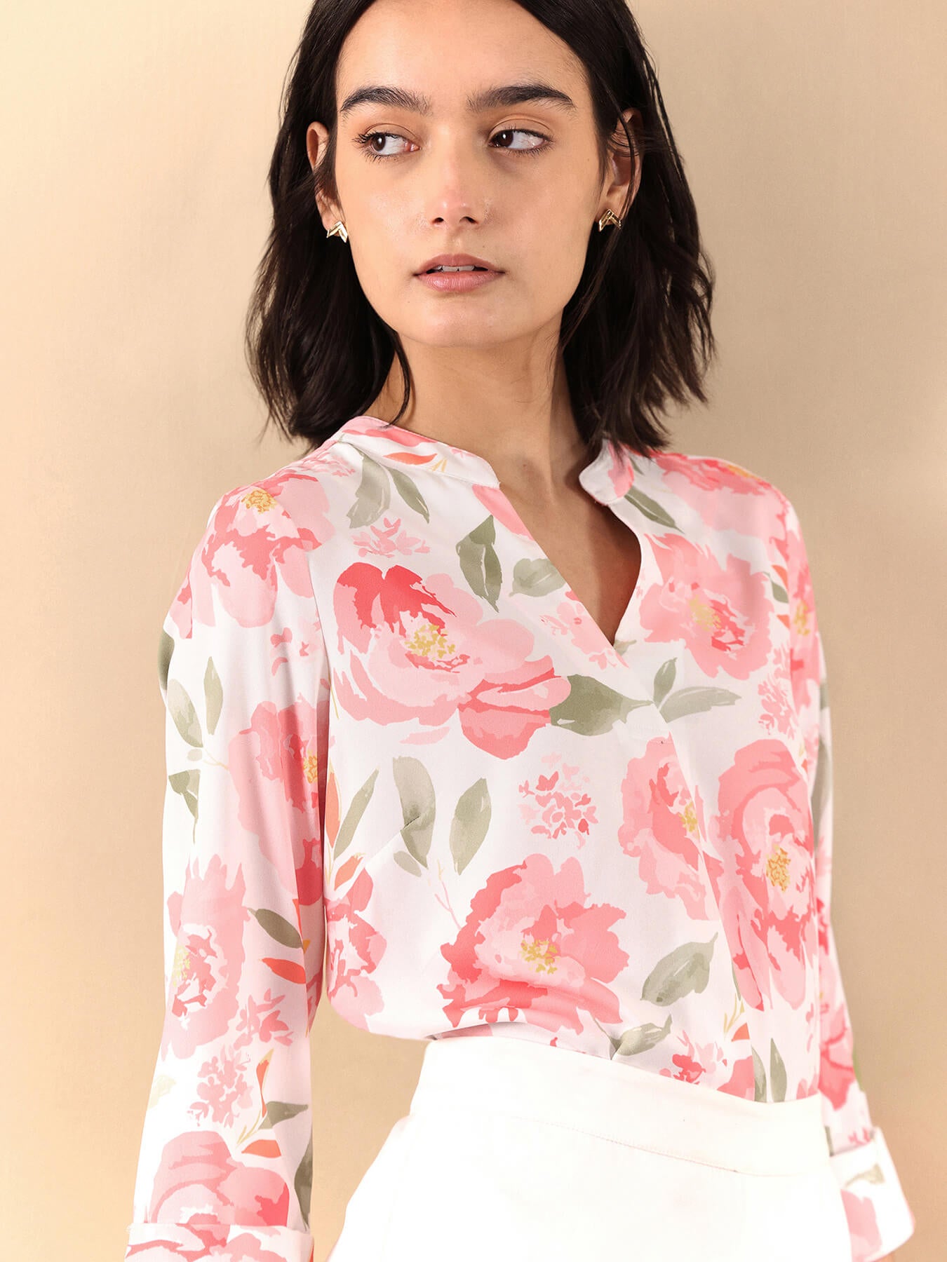 Floral Print Mandarin Neck Top - White And Pink