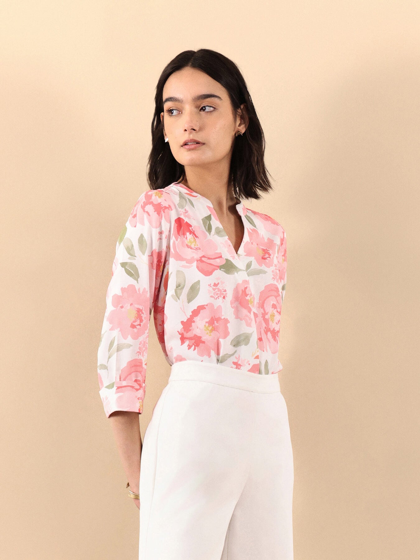 Floral Print Mandarin Neck Top - White And Pink