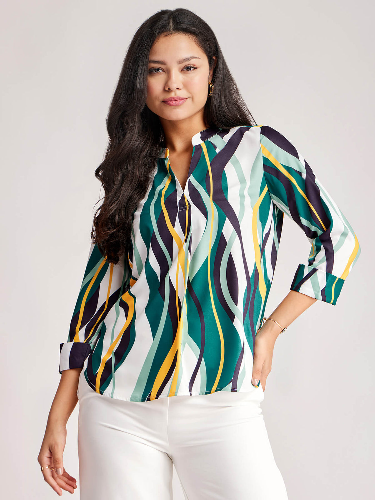 Abstract Print Pleated Top - White And Teal