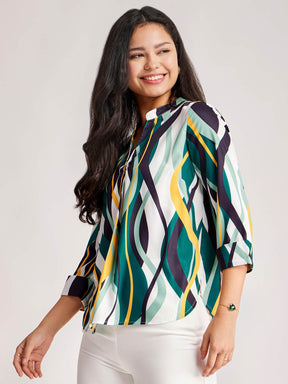 Abstract Print Pleated Top - White And Teal