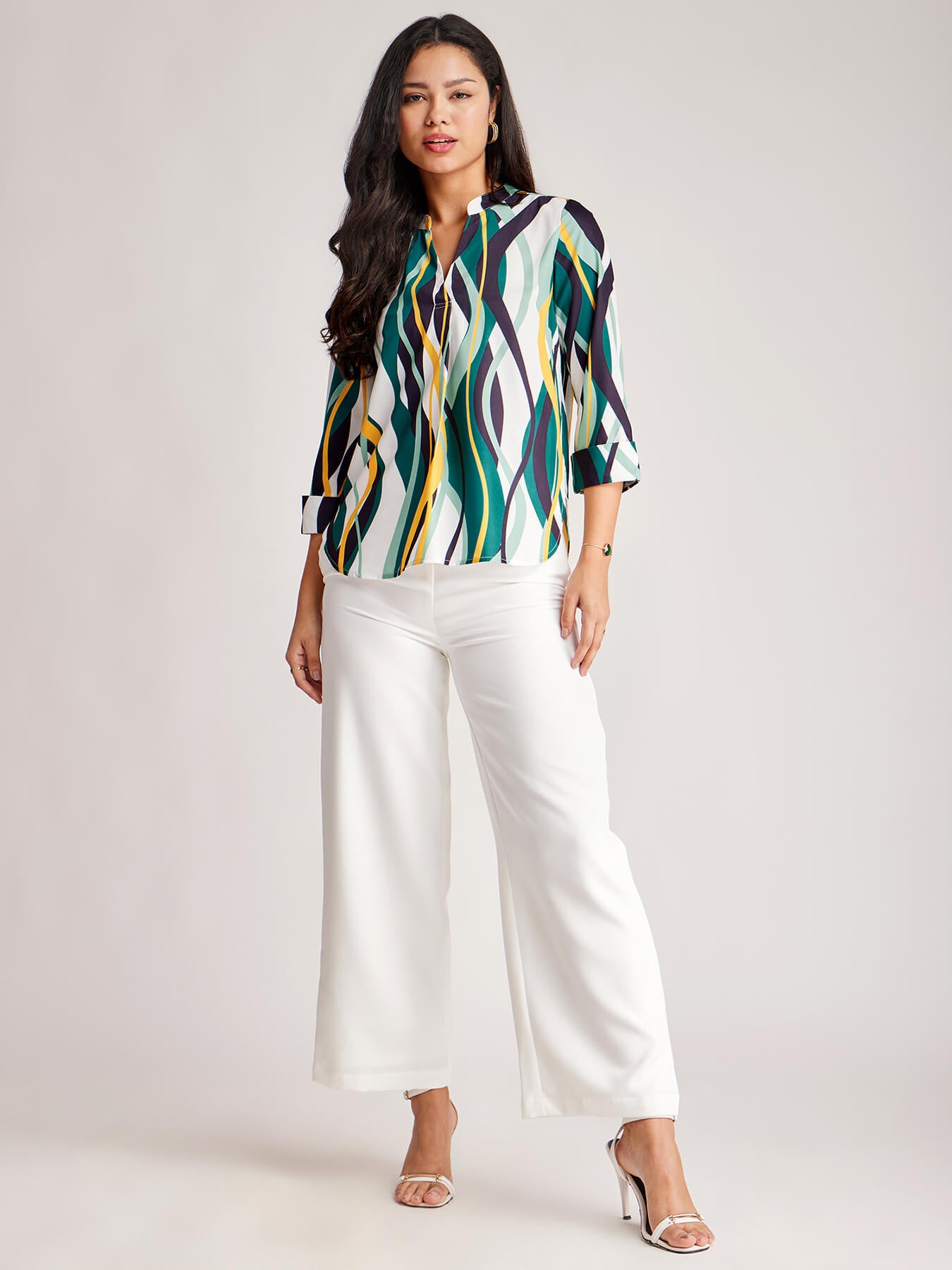 Abstract Print Pleated Top - White And Teal