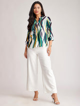 Abstract Print Pleated Top - White And Teal