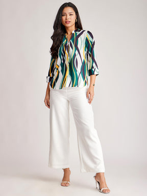 Abstract Print Pleated Top - White And Teal