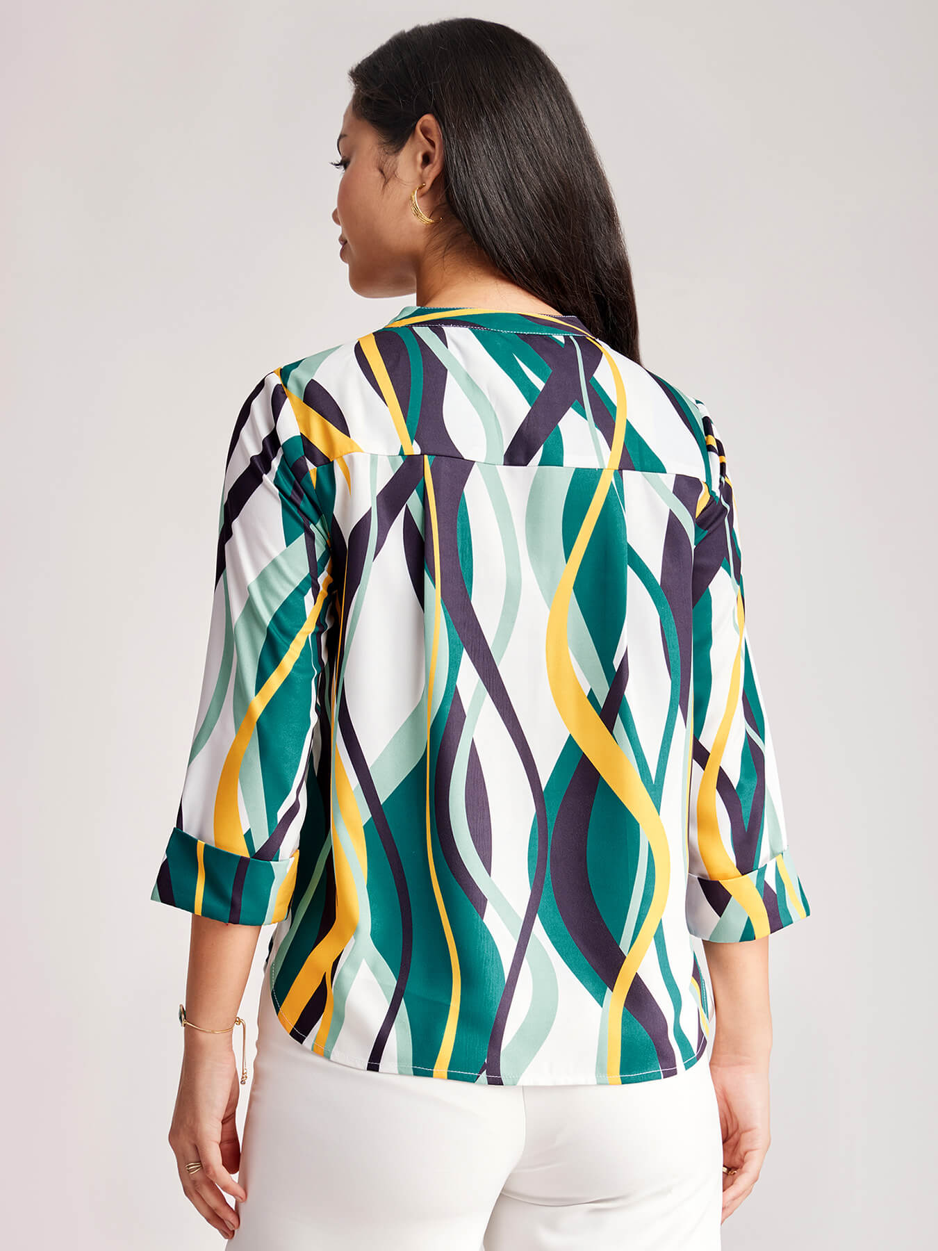 Abstract Print Pleated Top - White And Teal