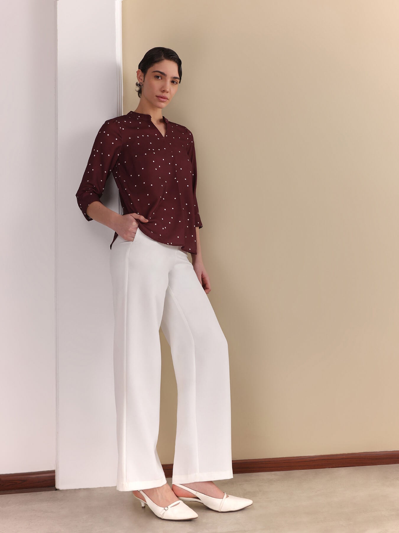 Polka Print Top - Wine & Off-White