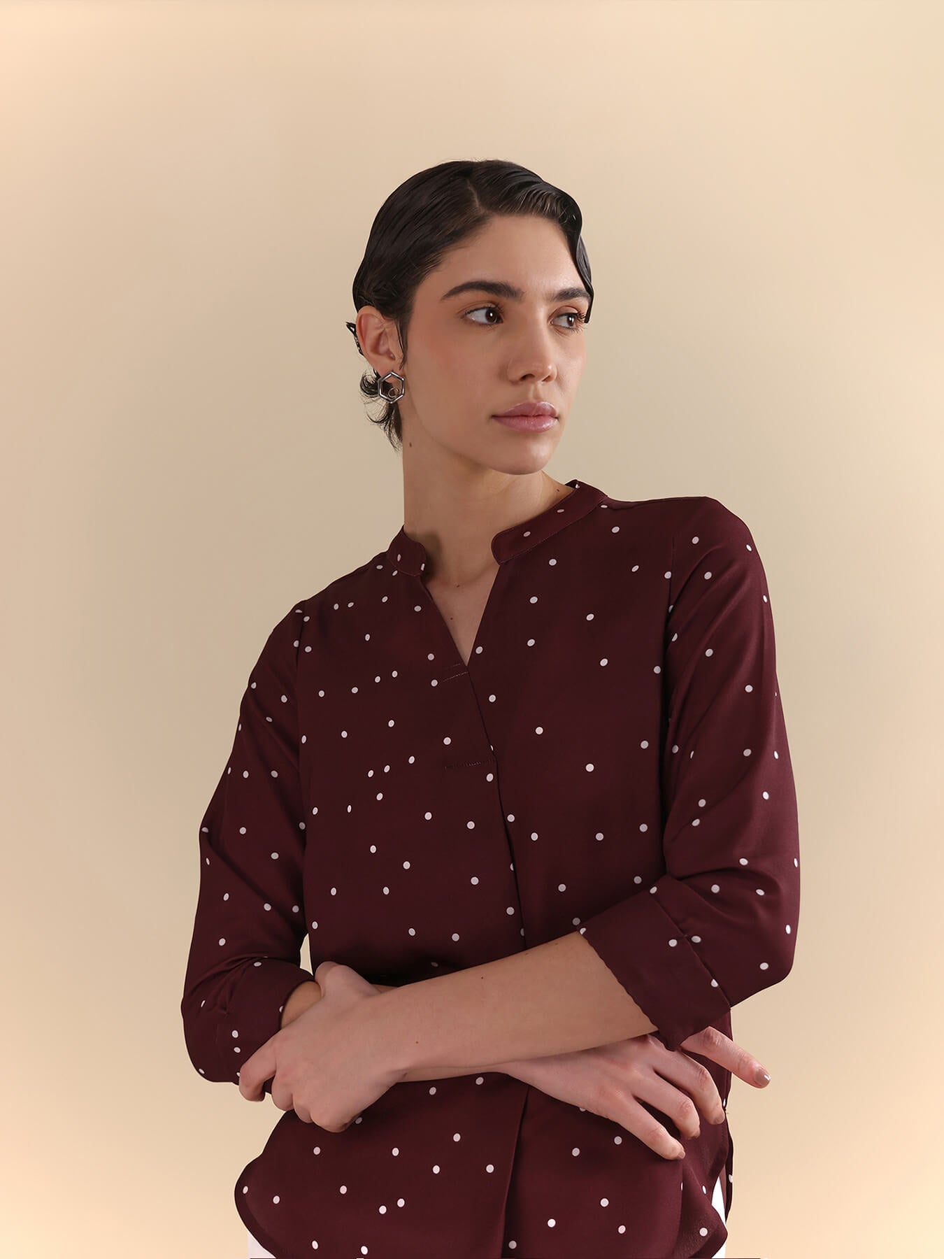 Polka Print Top - Wine & Off-White