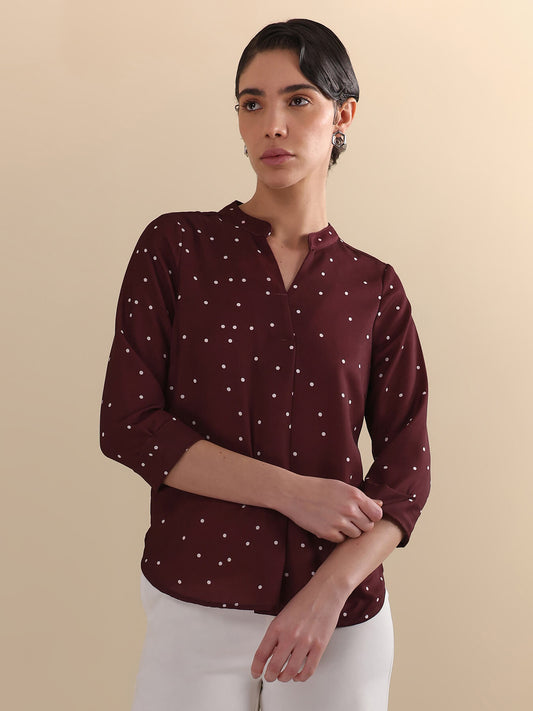 Polka Print Top - Wine & Off-White