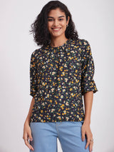 Floral Print Gather Detail Top - Navy Blue