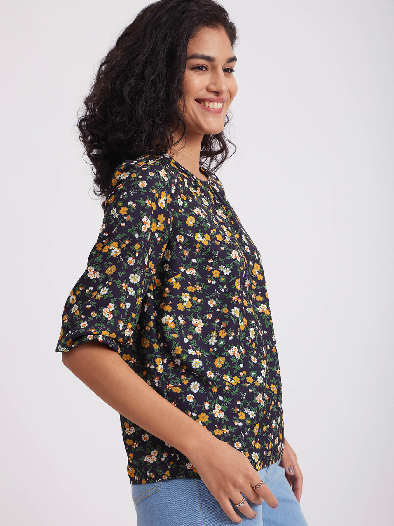 Floral Print Gather Detail Top - Navy Blue