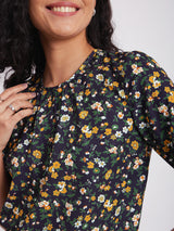 Floral Print Gather Detail Top - Navy Blue