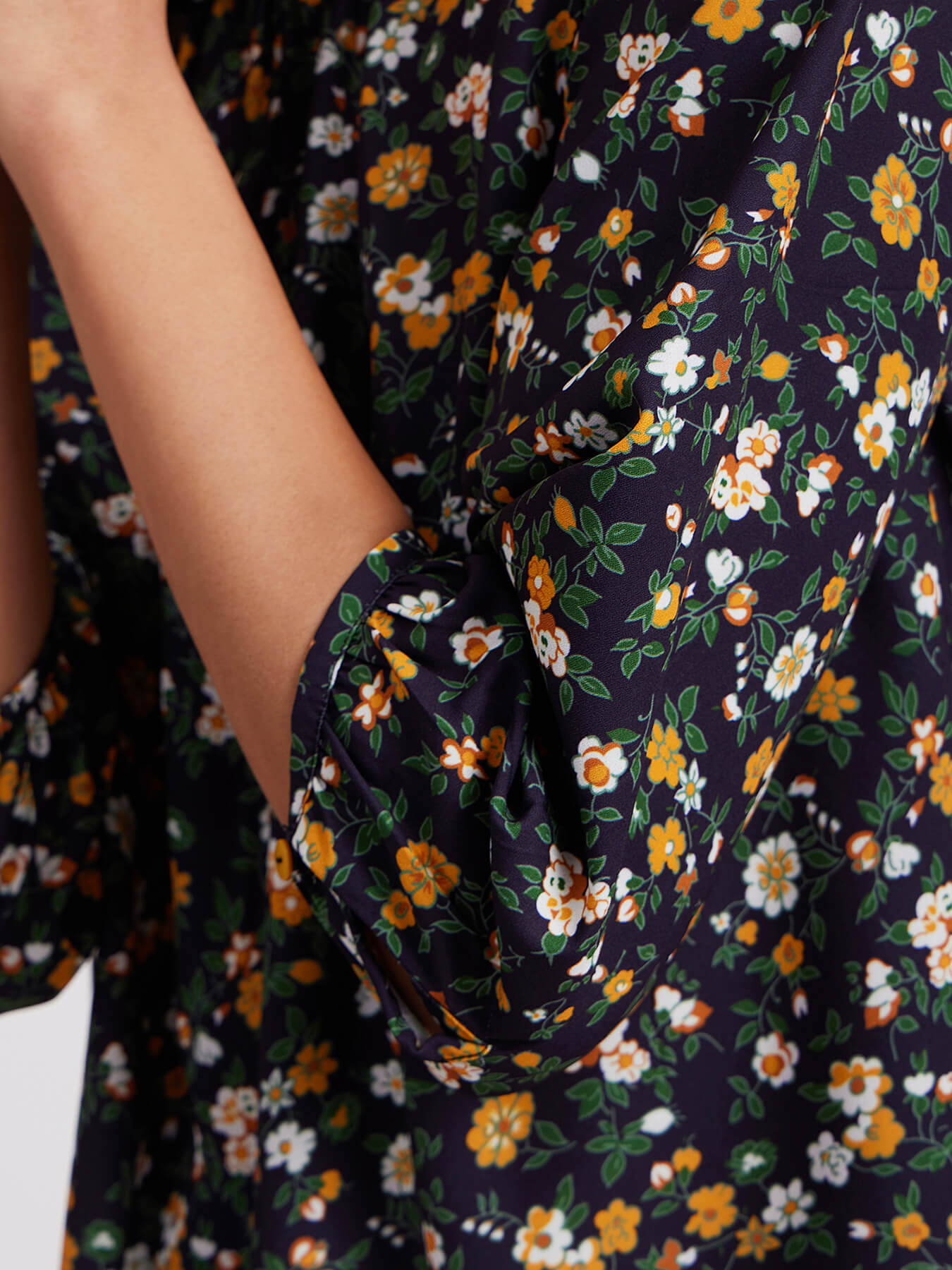 Floral Print Gather Detail Top - Navy Blue