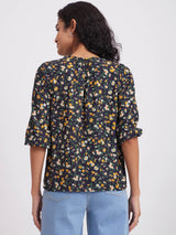 Floral Print Gather Detail Top - Navy Blue