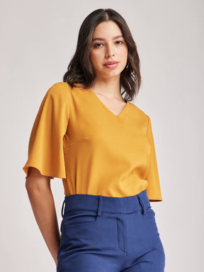 V Neck Bell Sleeves Top - Mustard