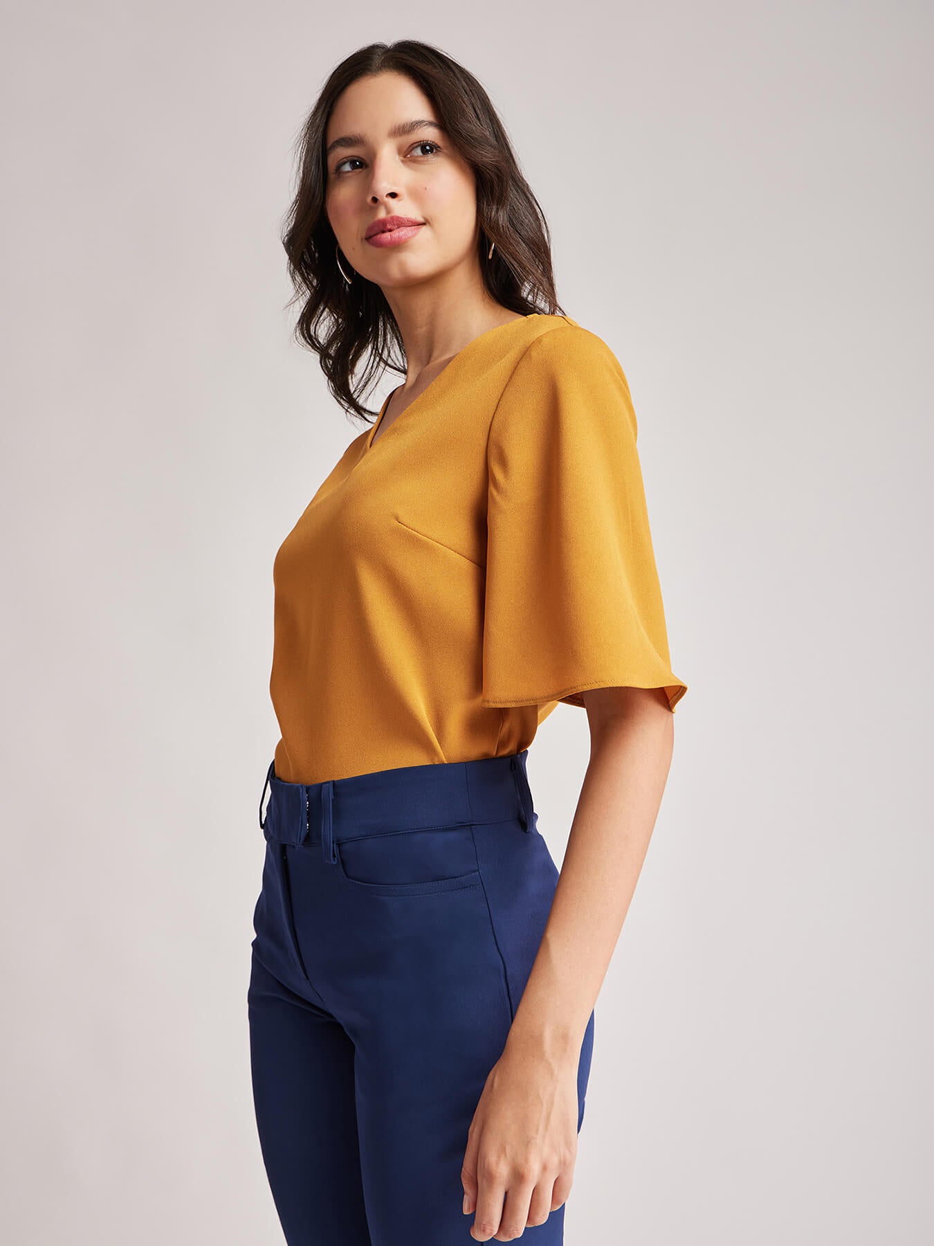 V Neck Bell Sleeves Top - Mustard