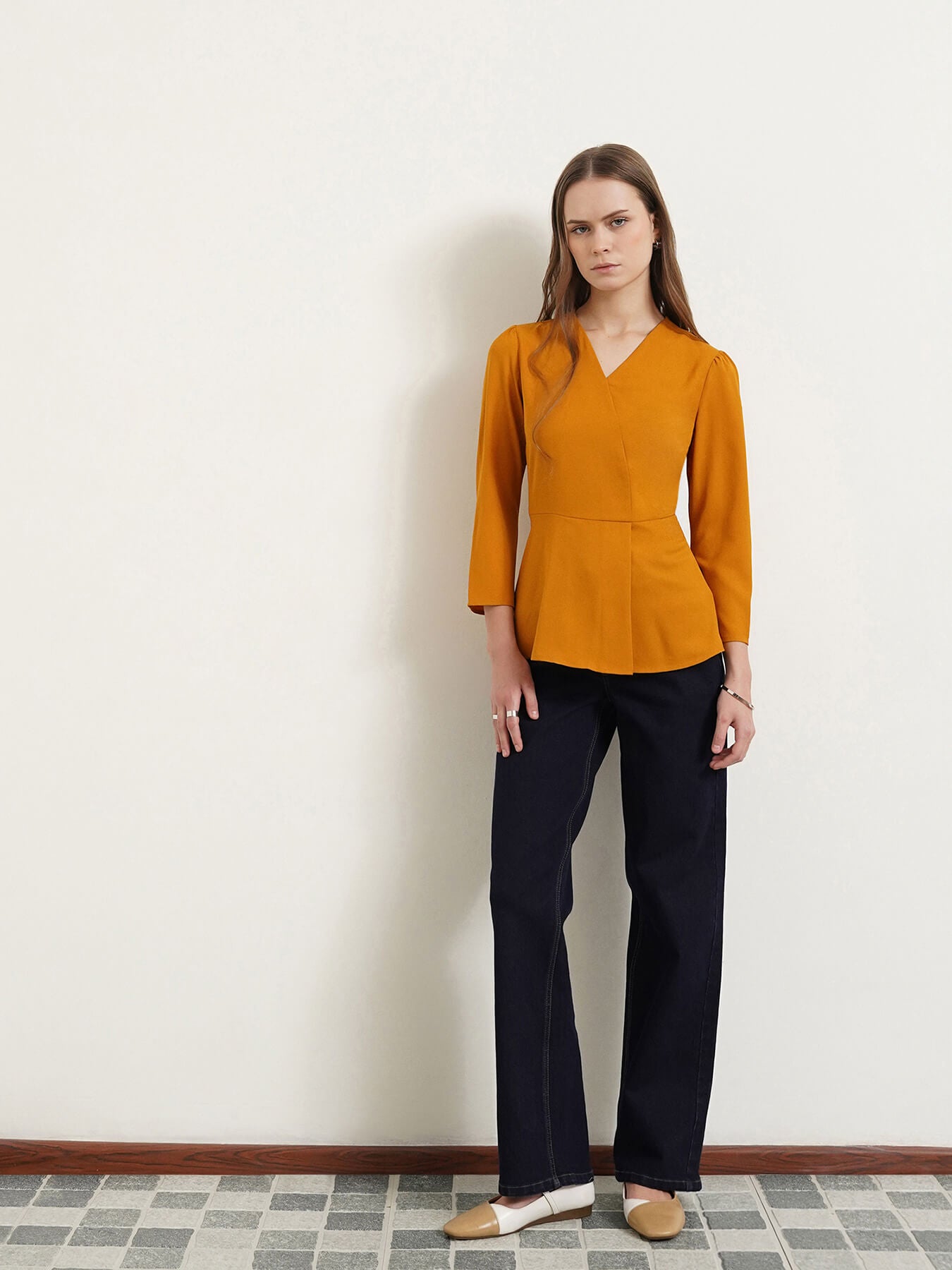 V Neck Bell Sleeves Top - Mustard